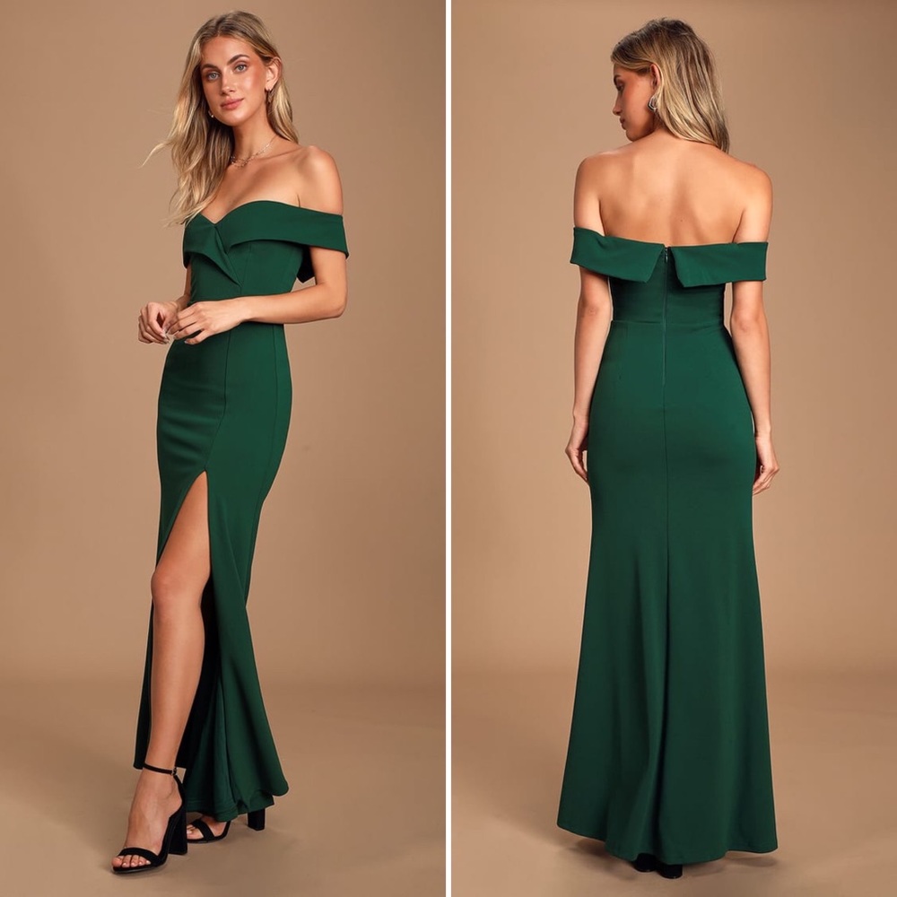 NWT Lulus Song of Love Hunter Green Off-the-Shoulder Maxi Dress